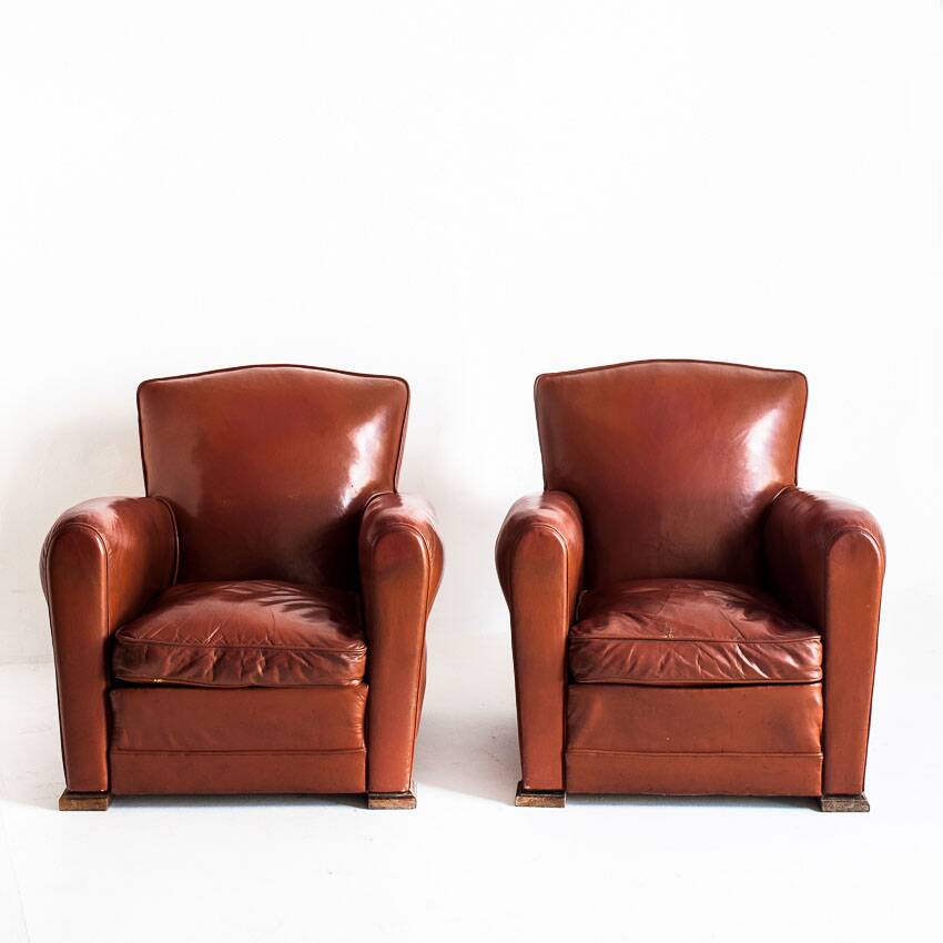Pair of vintage club armchairs. Wood and Skay. France, 50
