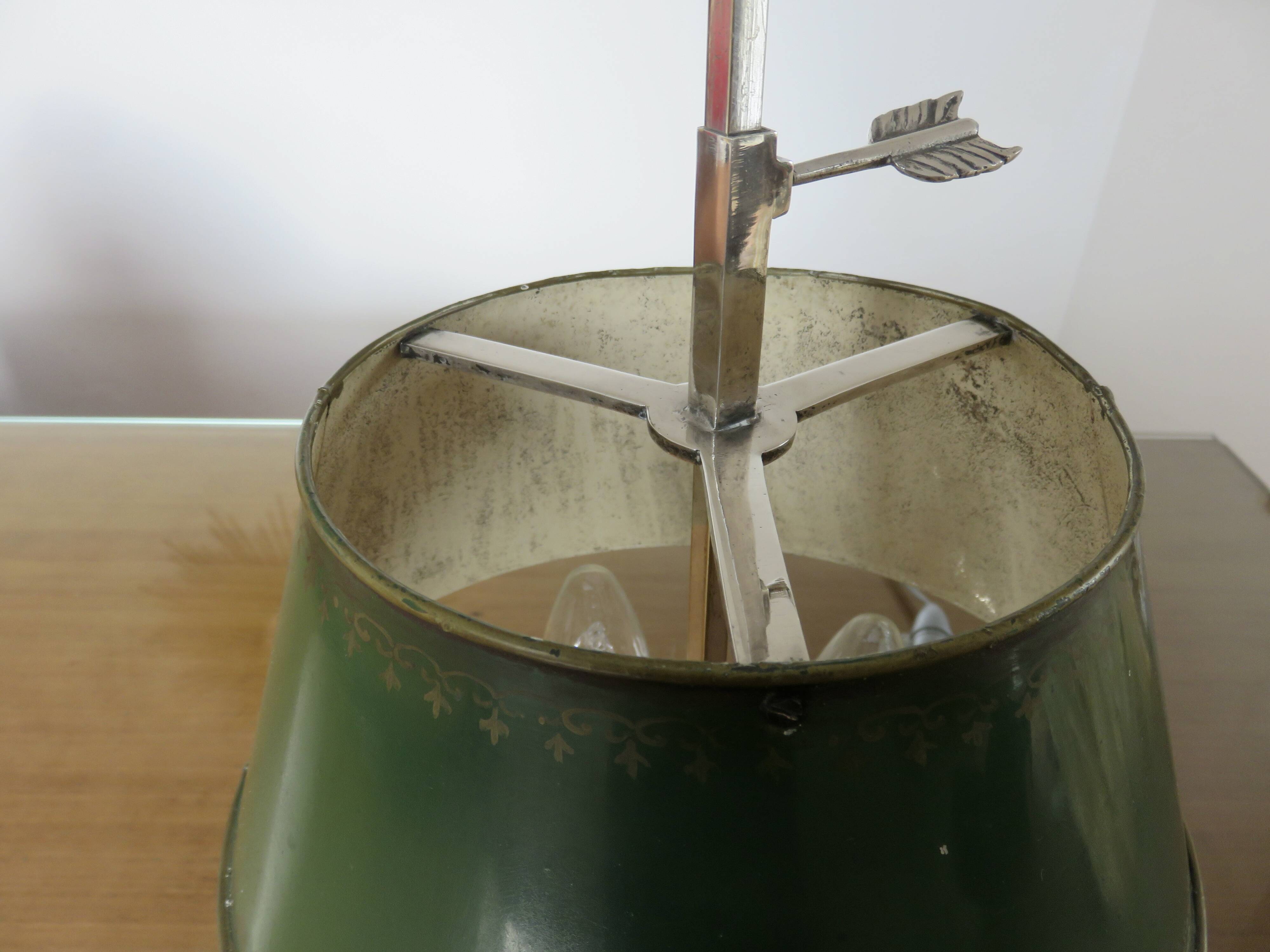 Authentic antique bouillotte lamp in chrome bronze with 3 lights, 1930s.