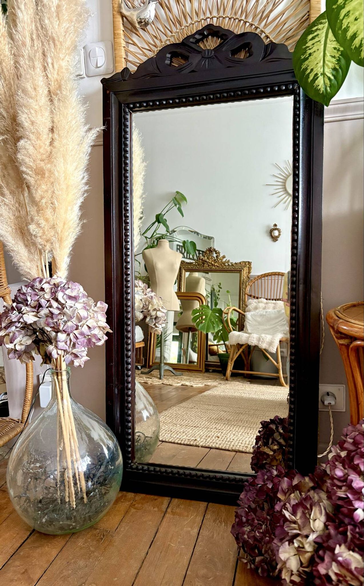Large antique wooden mirror with sculpted pediment in boho style 118x57cm