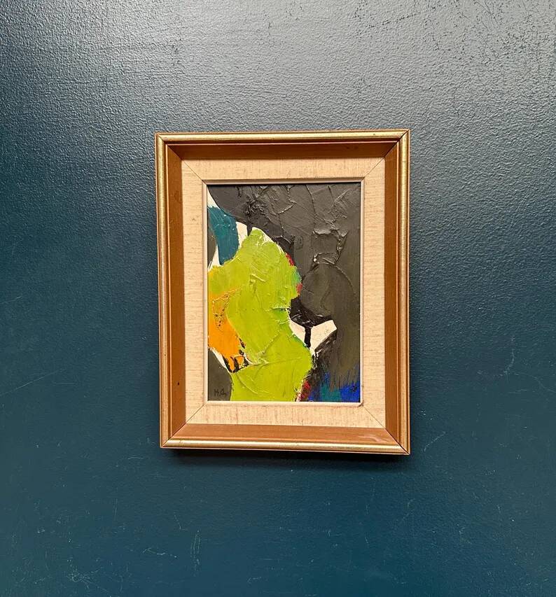 Original Swedish Oil on Panel – “Abstract in Green” by Hans Oswald – Signed – Vintage and Framed – 32 × 25 cm (12.6" × 9.8")