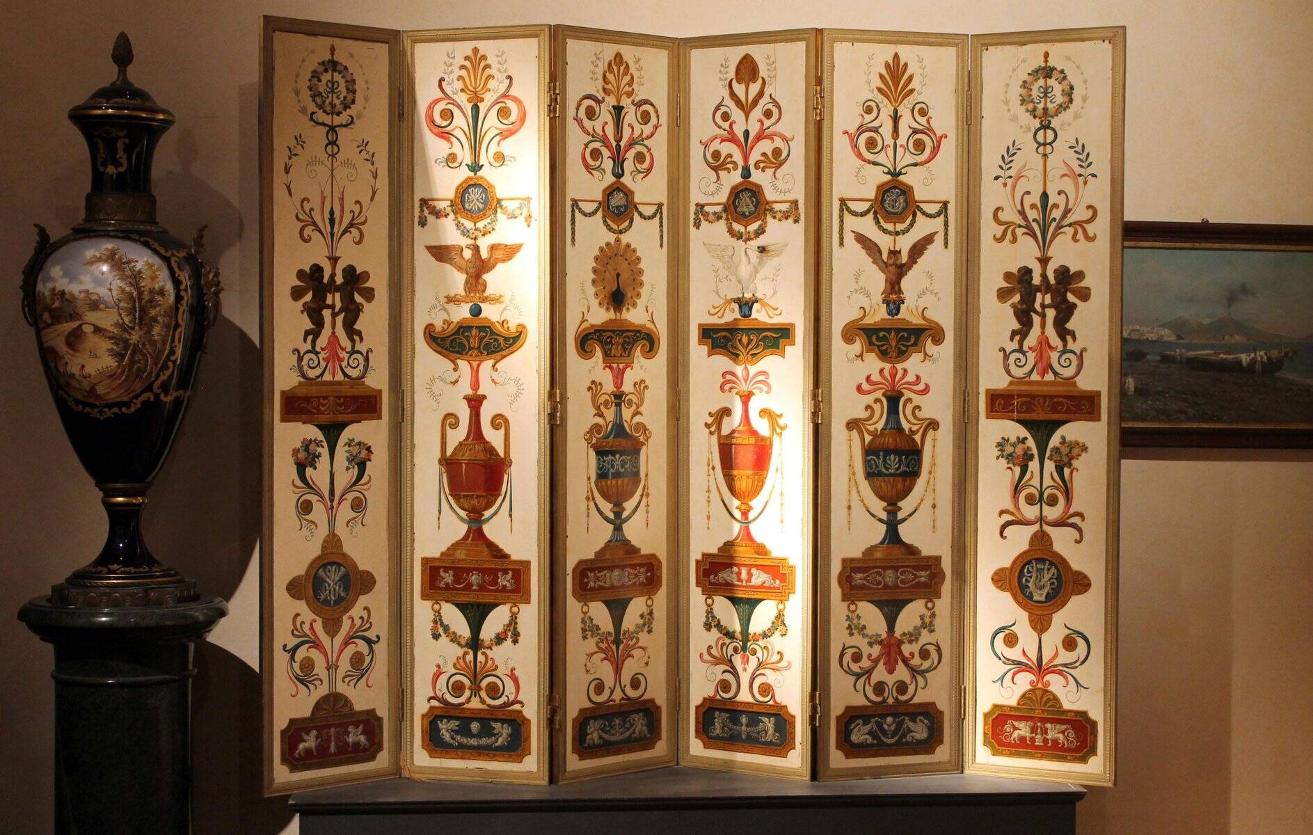 19th Century Italian Six-Panel Painted Wood Folding Screen in Gilt Bronze Frame