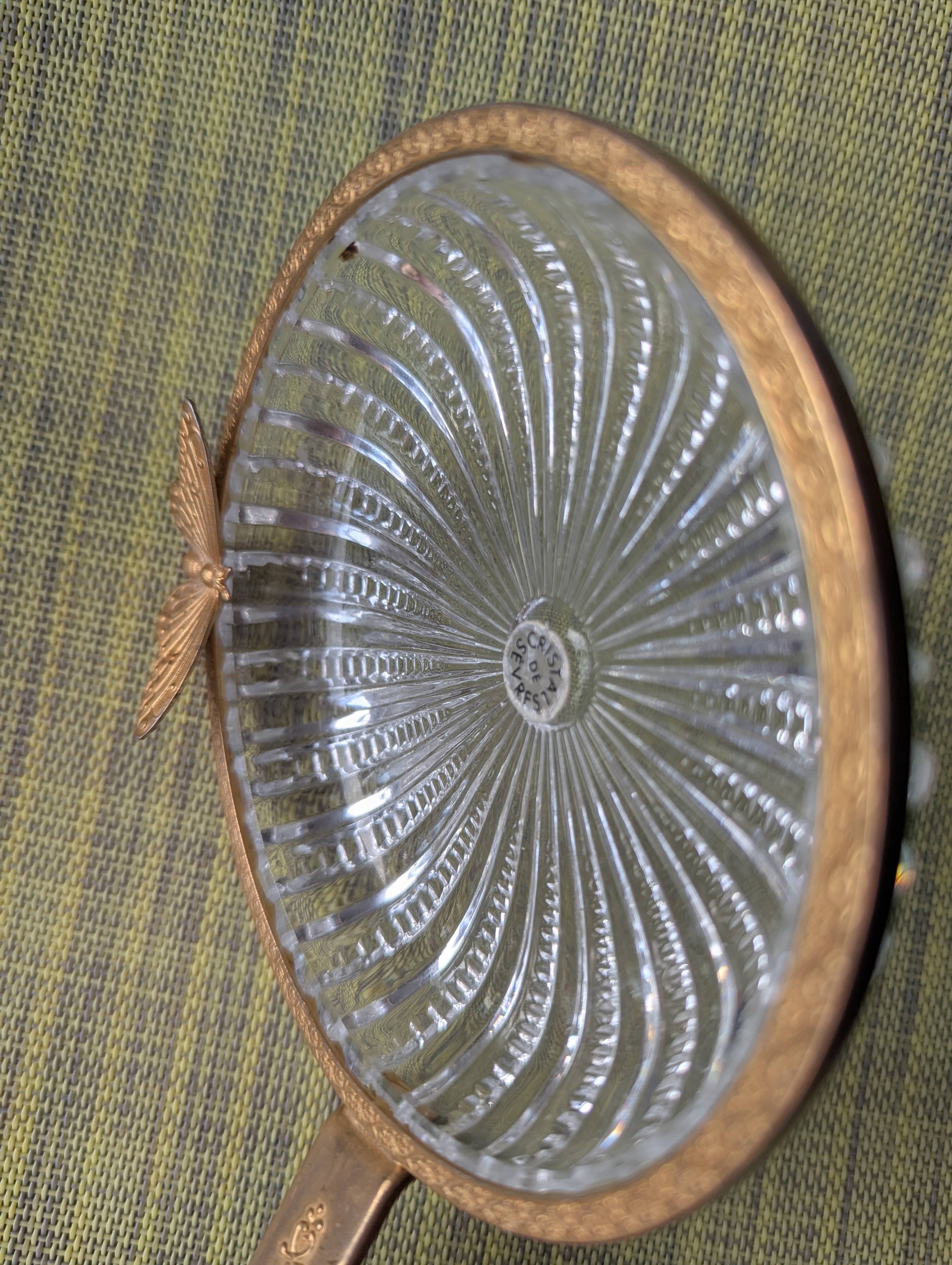 Antique pocket tray in Sèvres crystal and chiselled brass with butterfly decoration.