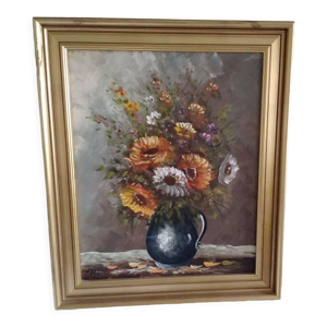 Tableau pot de fleurs signé en