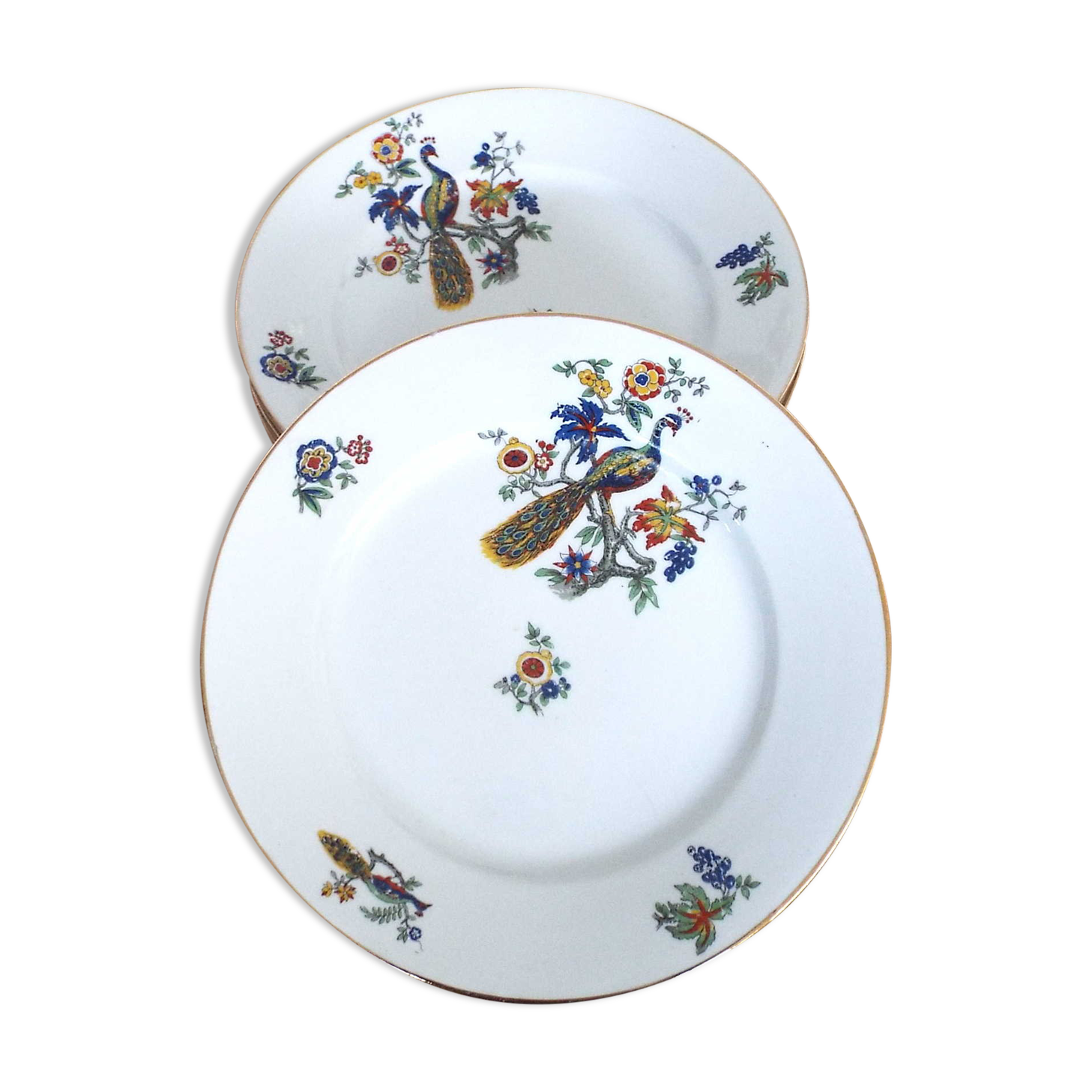 6 flat porcelain plates peacock