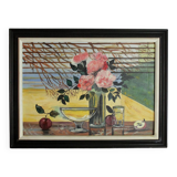Black frame painting vase flower and fruit