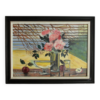 Cadre noir peinture vase fleur et fruit