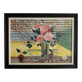 Black frame painting vase flower and fruit