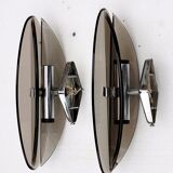 Pair of elliptical italian wall lamps in smoked glass and chrome veca