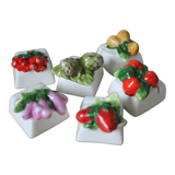 6 porcelain name tags in vintage fruit and vegetable slip