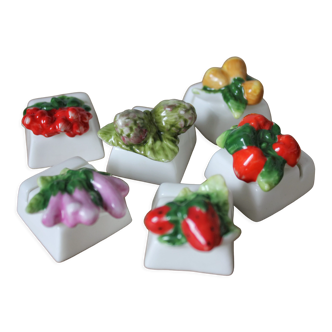 6 porcelain name tags in vintage fruit and vegetable slip