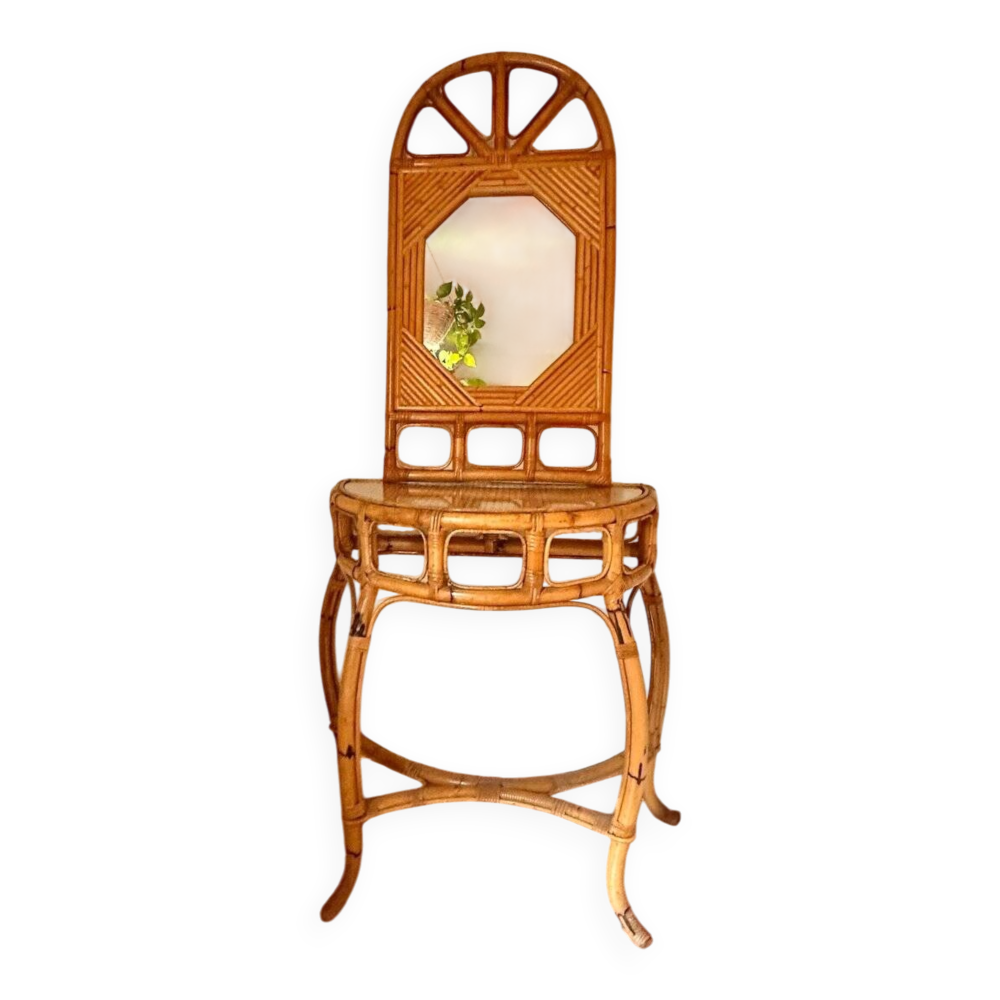 Curved half-moon console in rattan and bamboo with mirror by Vivai del Sud, Italy, 1960s.