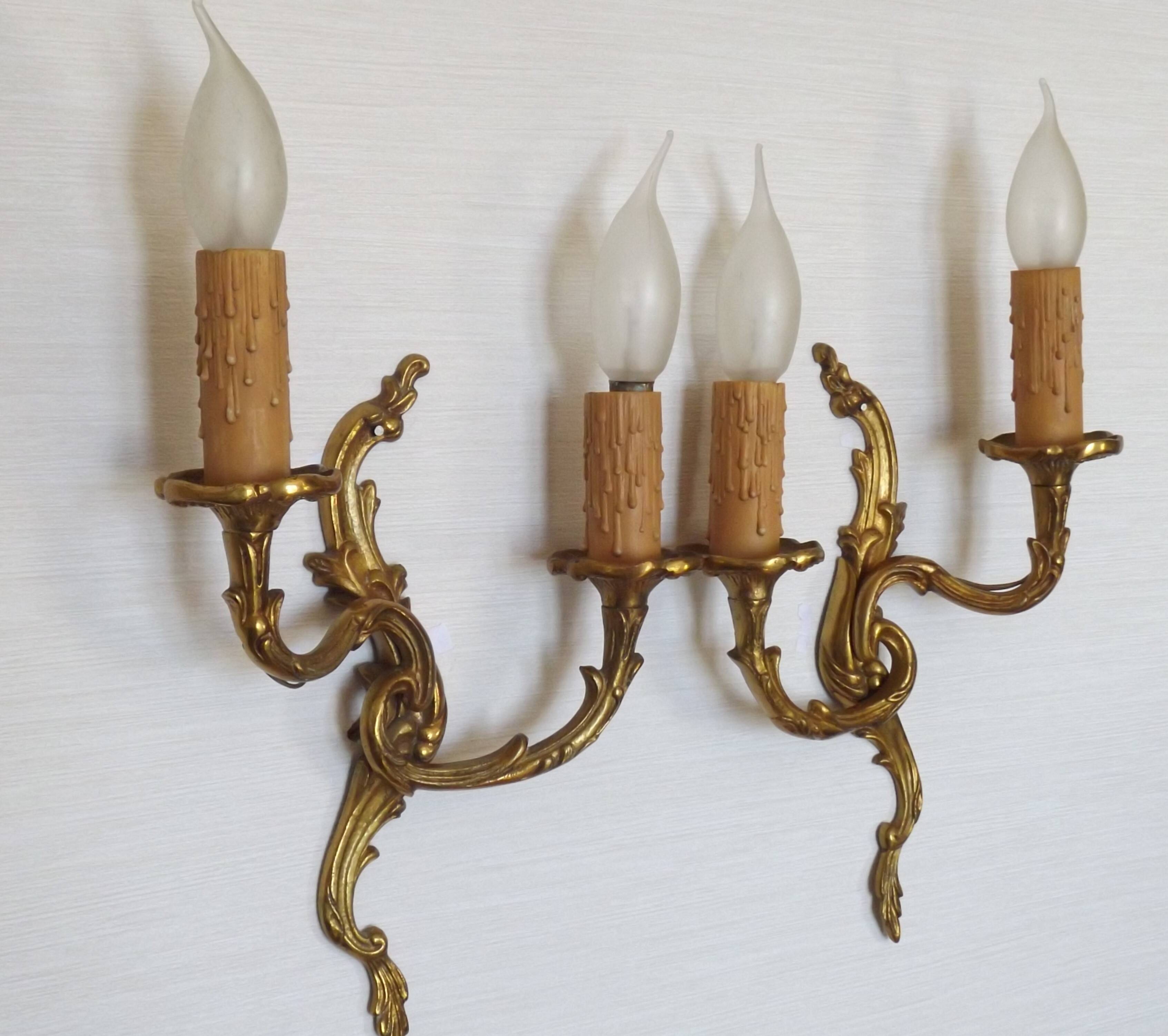 Pair of Elegant French Bronze Opposite Acanthus Leaf Double Wall Sconces