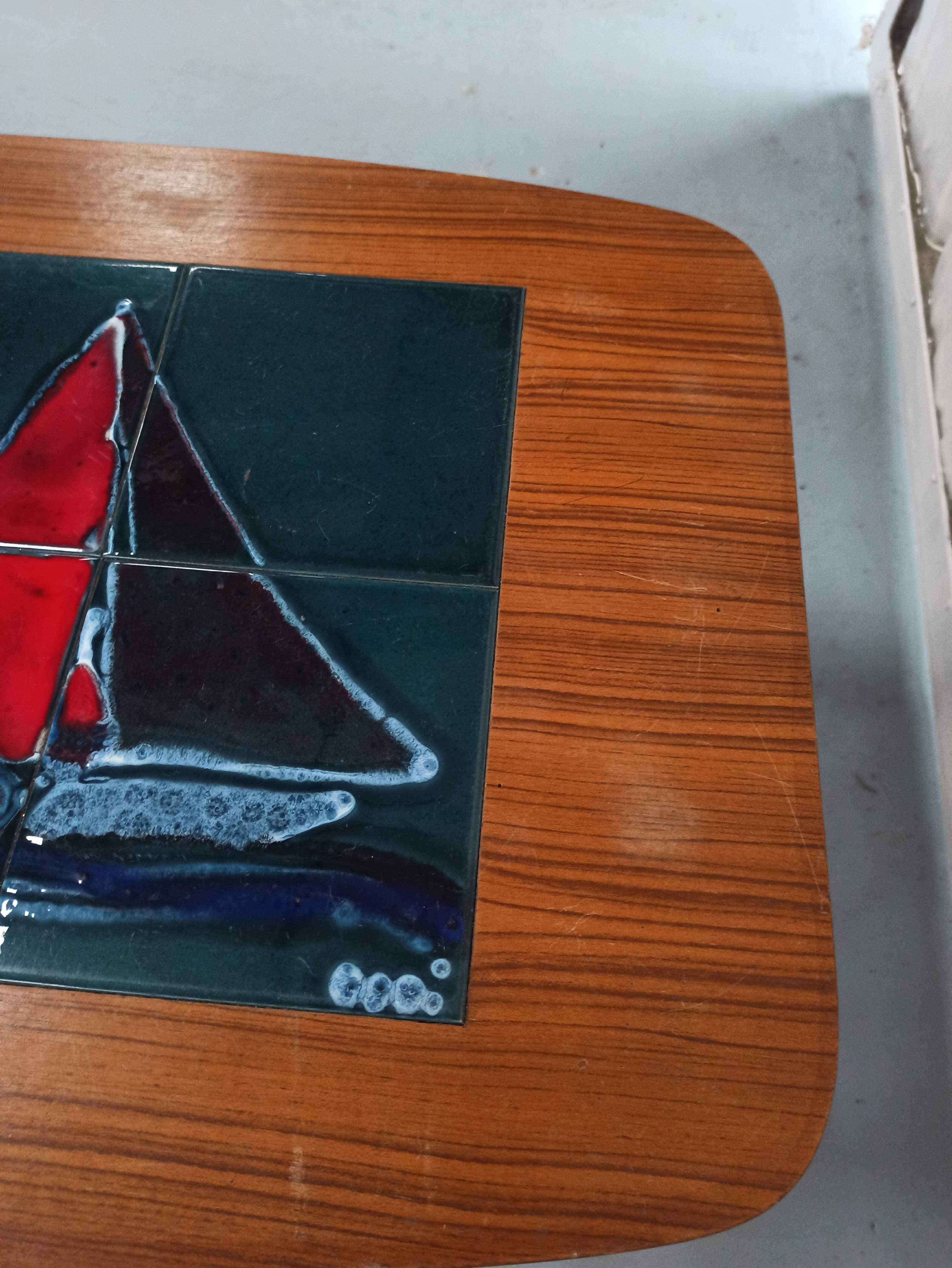 Coffee table year 50 / 60 - tiled tiled Boat decorated Marine feet spindles