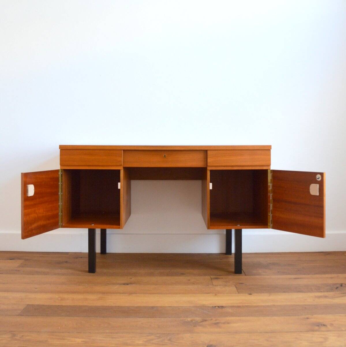 Scandinavian teak desk 2 pedestals 3 drawers 1960s