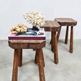 Rustic French wooden hand carved stools 'Brutalist'