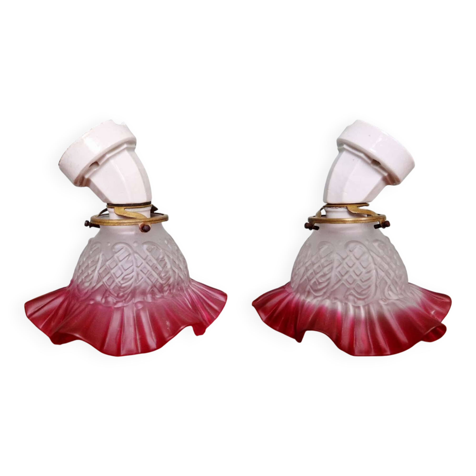 Pair of porcelain and scalloped glass wall sconces, 1920s-30s