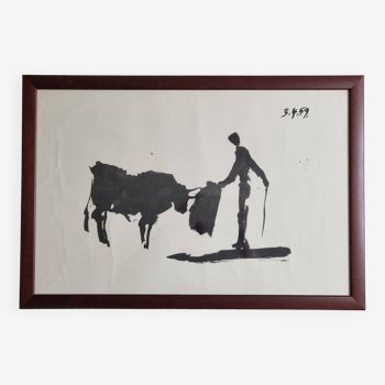 Reproduction vintage d'après Picasso, "Toros y Toreros" encadrée sous verre 41 x 53 cm