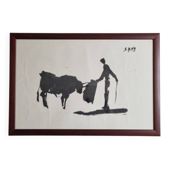 Reproduction vintage d'après Picasso, "Toros y Toreros" encadrée sous verre 41 x 53 cm