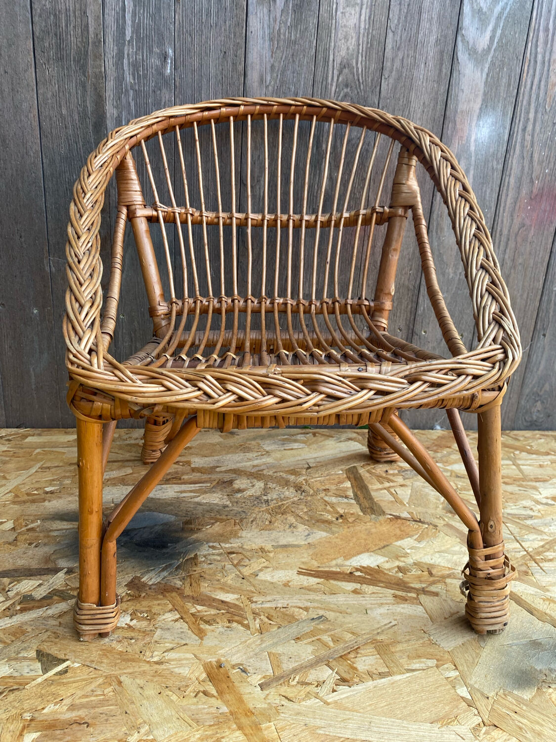 Children's Armchair Shell Antique Rattan 60s Vintage #C574
