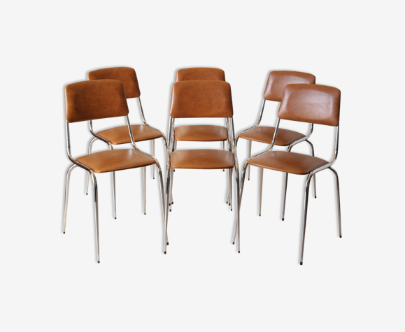 6 chaises vintage chrome et skaï marron