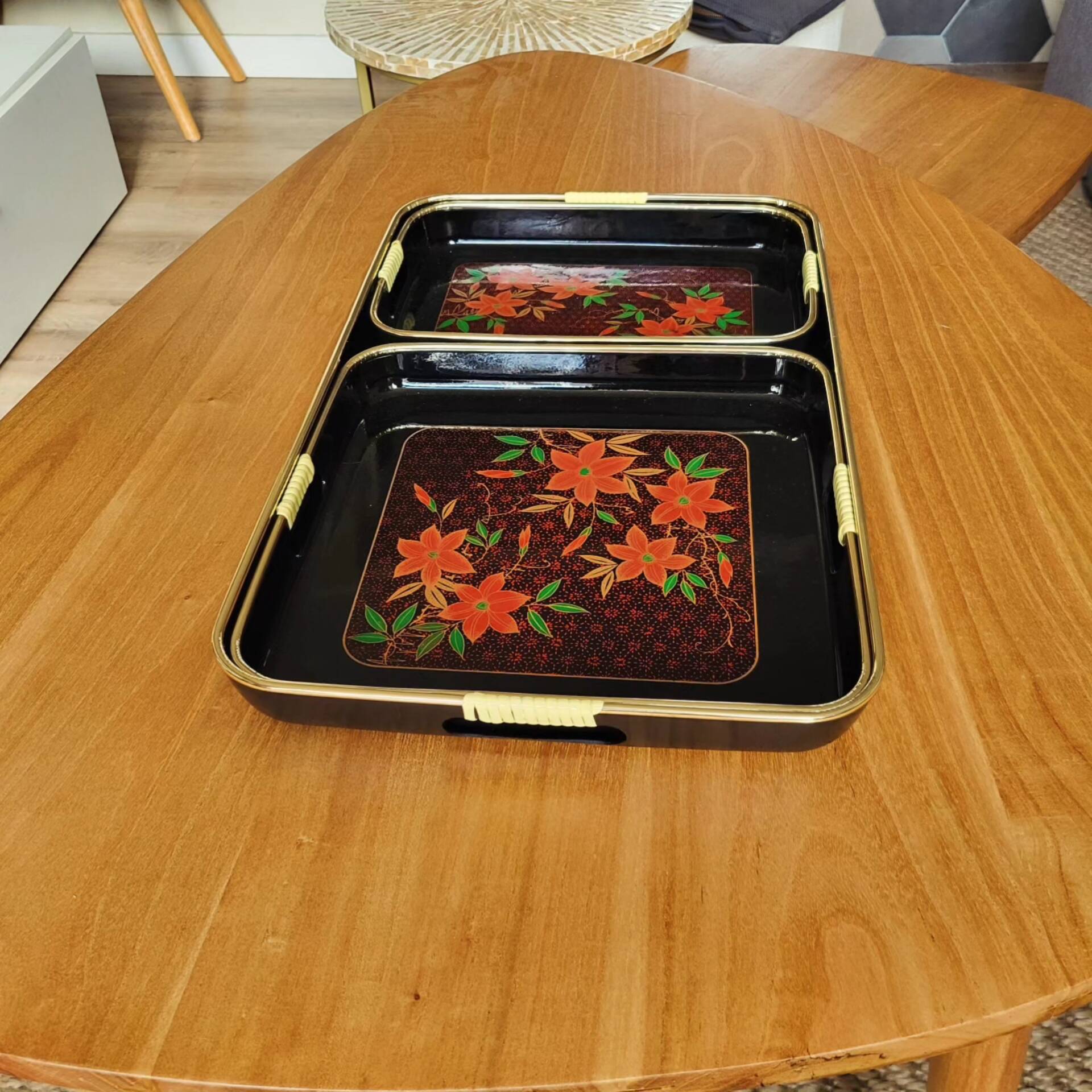 Set of Three Japanese Lacquered Plastic Trays ESIA 1970s