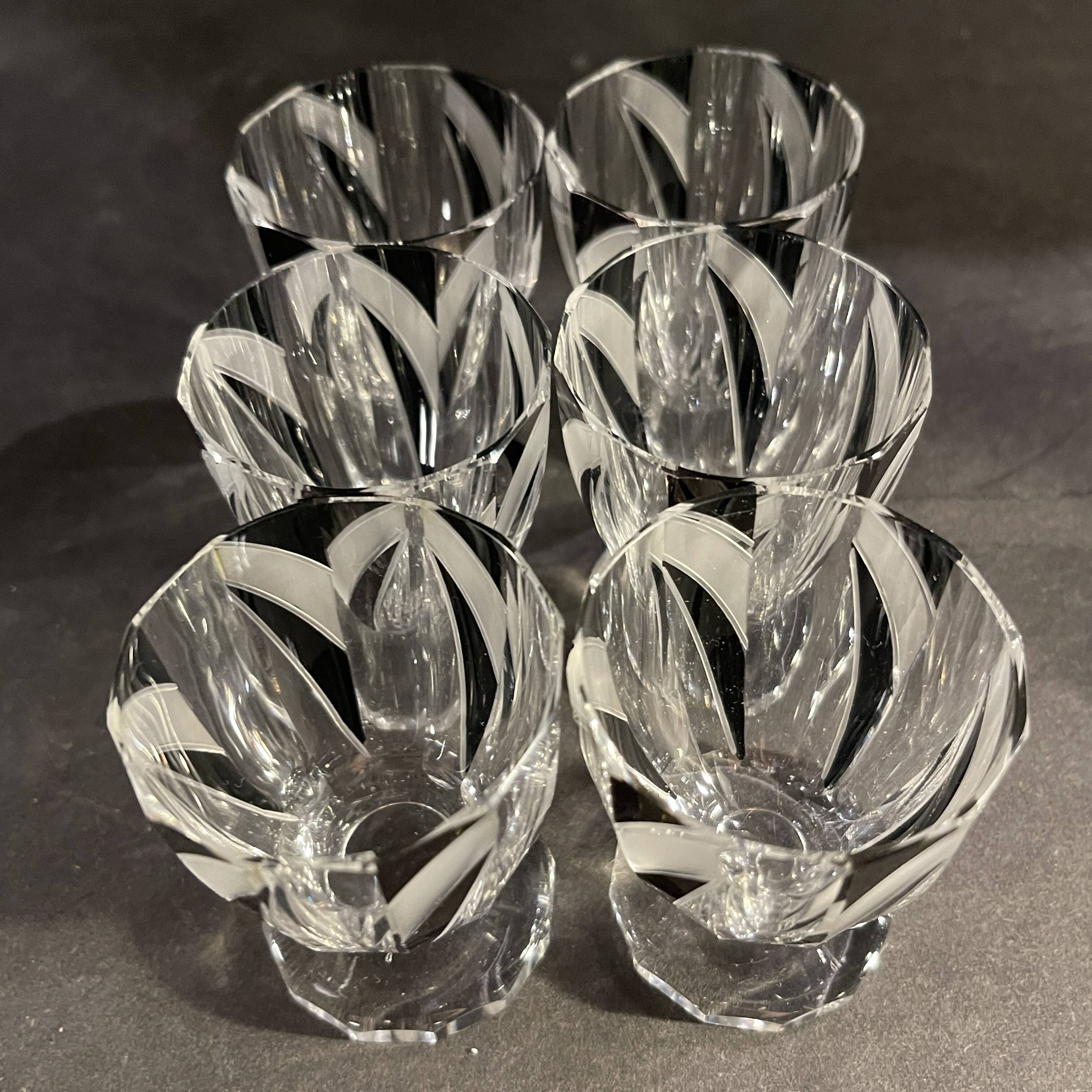 Art deco liqueur set, carafe & 6 glasses, cut double crystal, cubist decor, karl palda