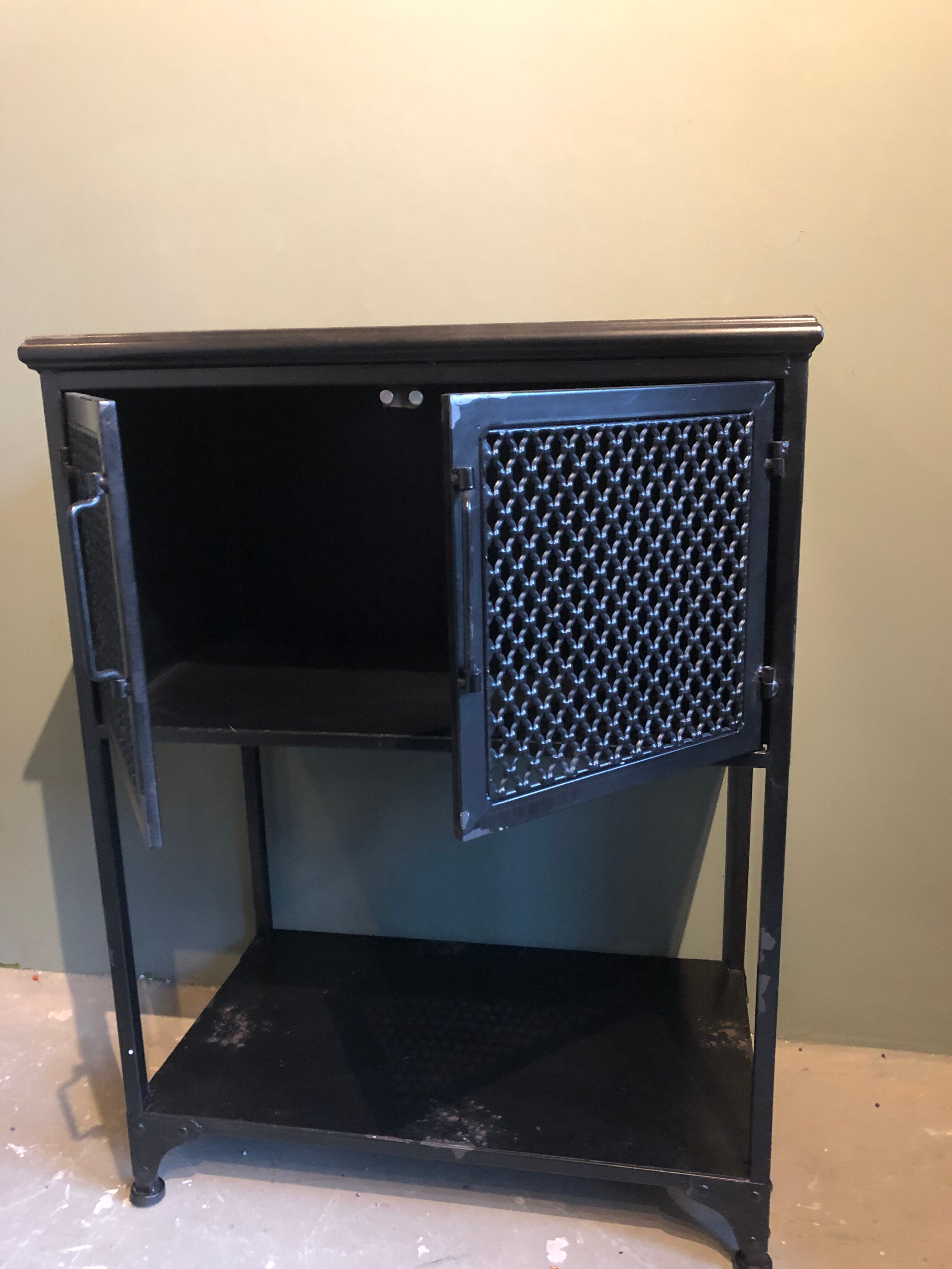 Black industrial glass cabinet with Louvre doors