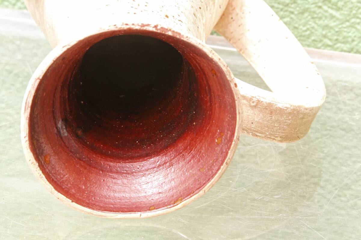 Vessel, jug, signed, 1950s, red terracotta, cream slip.