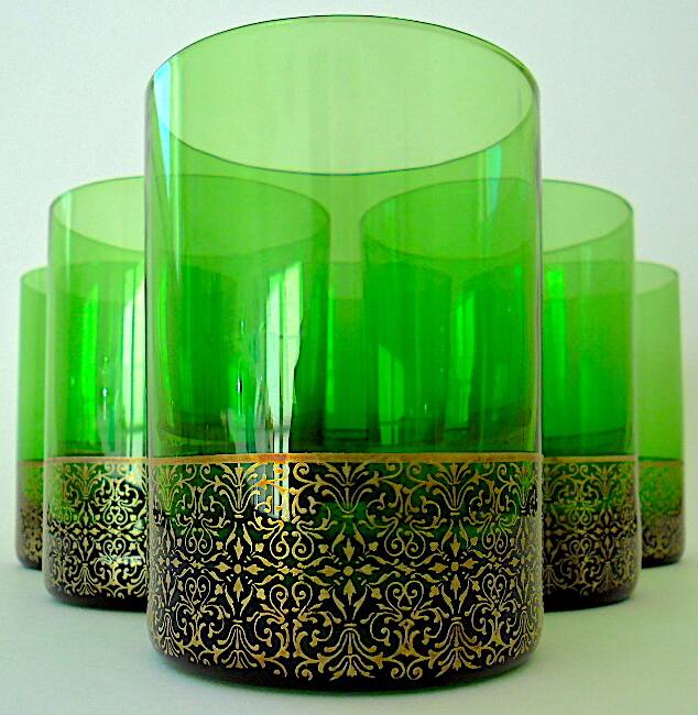 Set of six green smoked crystalline whiskey glasses