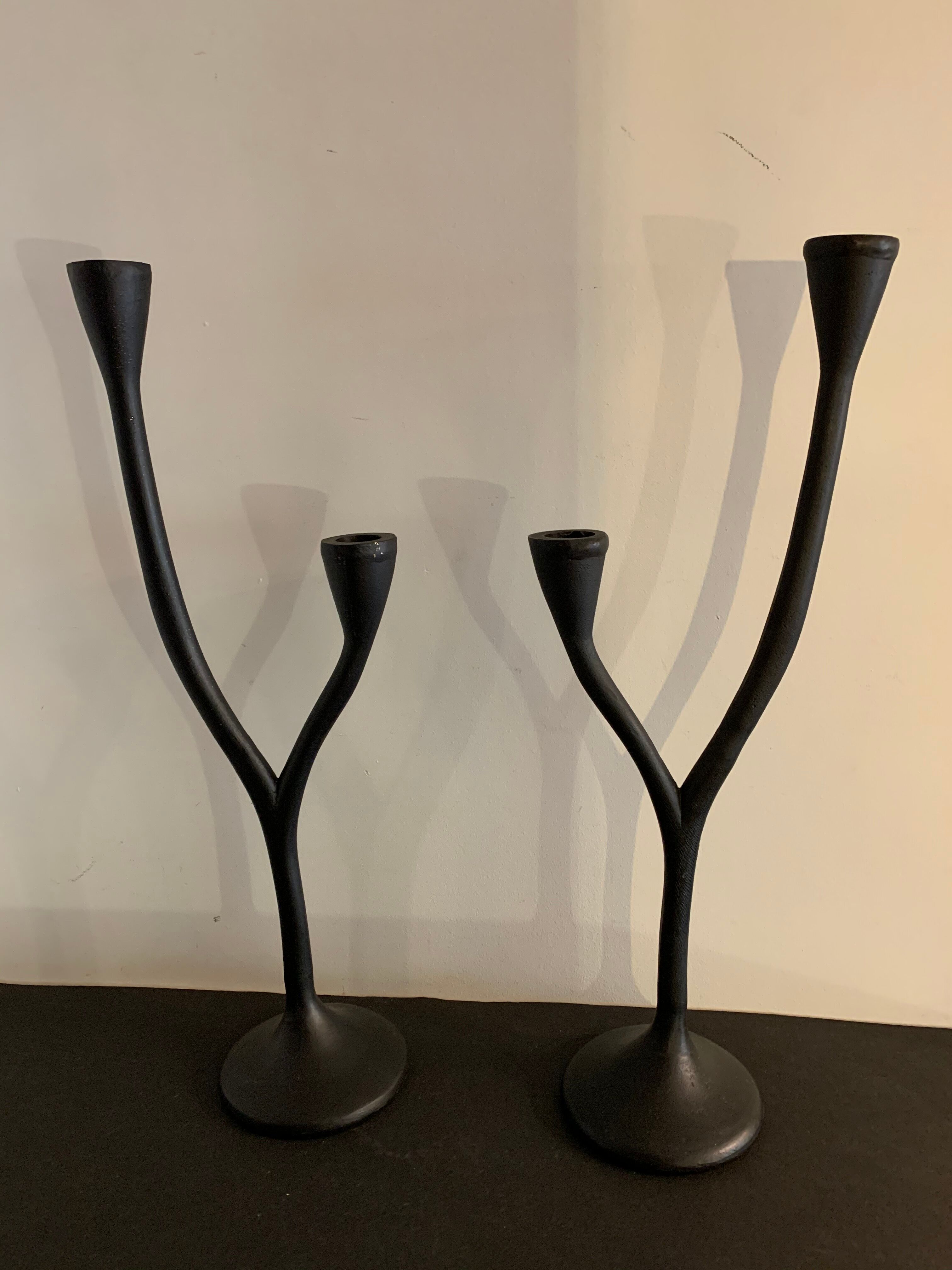 Pair of black candlesticks art deco in steel Habitat 1970