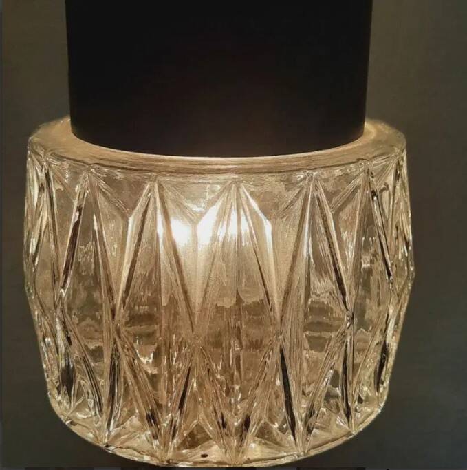 three vintage pendant lamps, copper, aluminum and glass.