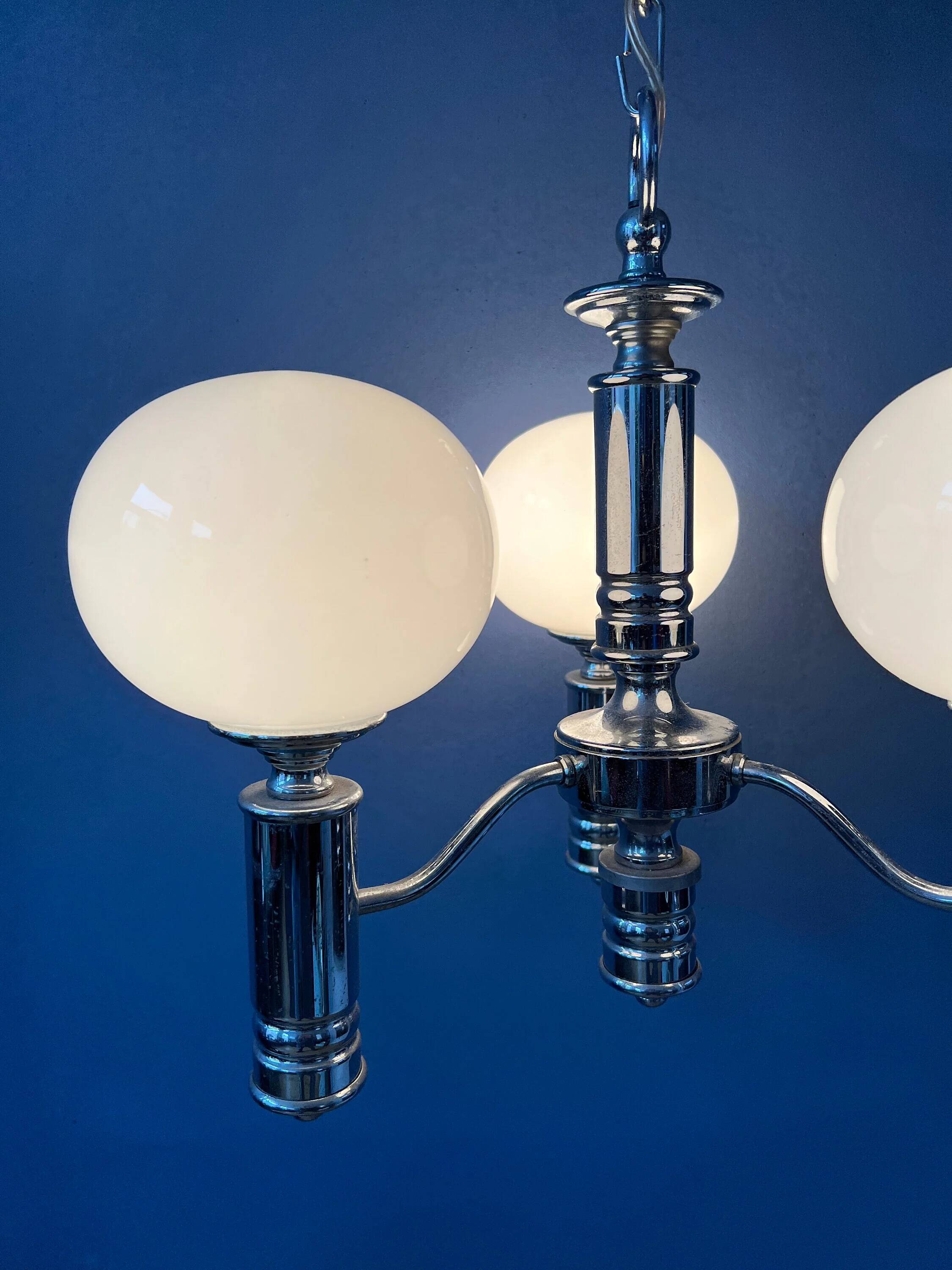Mid-Century opaline glass chandelier with chrome structure