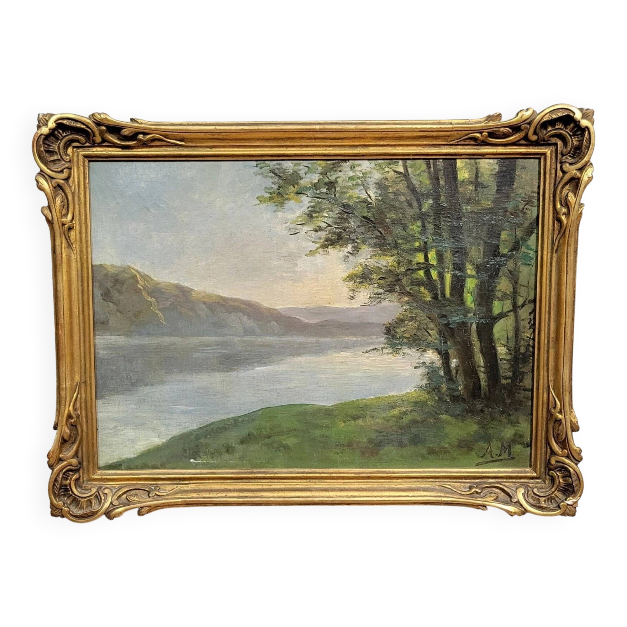 A Maury: oil on canvas painting view of Lake Annecy around 1920