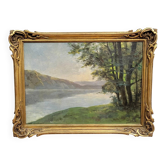 A Maury : tableau huile sur toile vue du lac D'Annecy vers 1920
