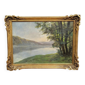 A Maury: oil on canvas painting view of Lake Annecy around 1920