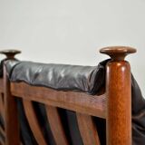 Sturdy Mid-Century Smooth Black Leather Scandinavian 3-Seat Sofa, 1960s