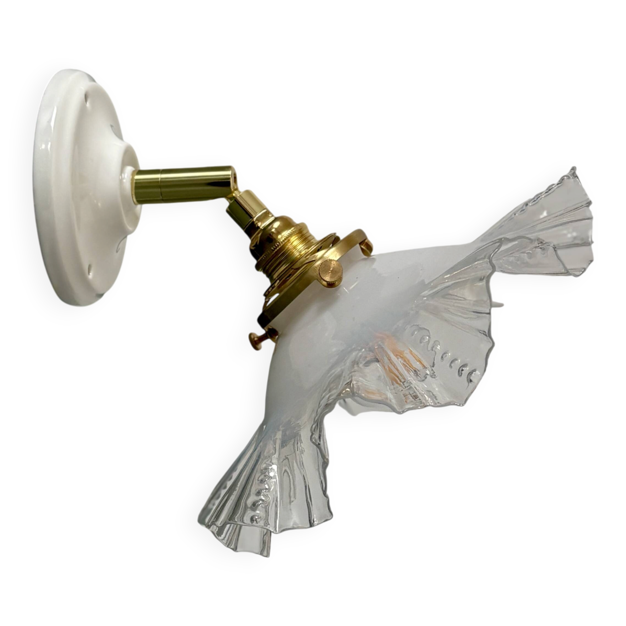 Applique abat-jour vintage en verre blanc et transparent