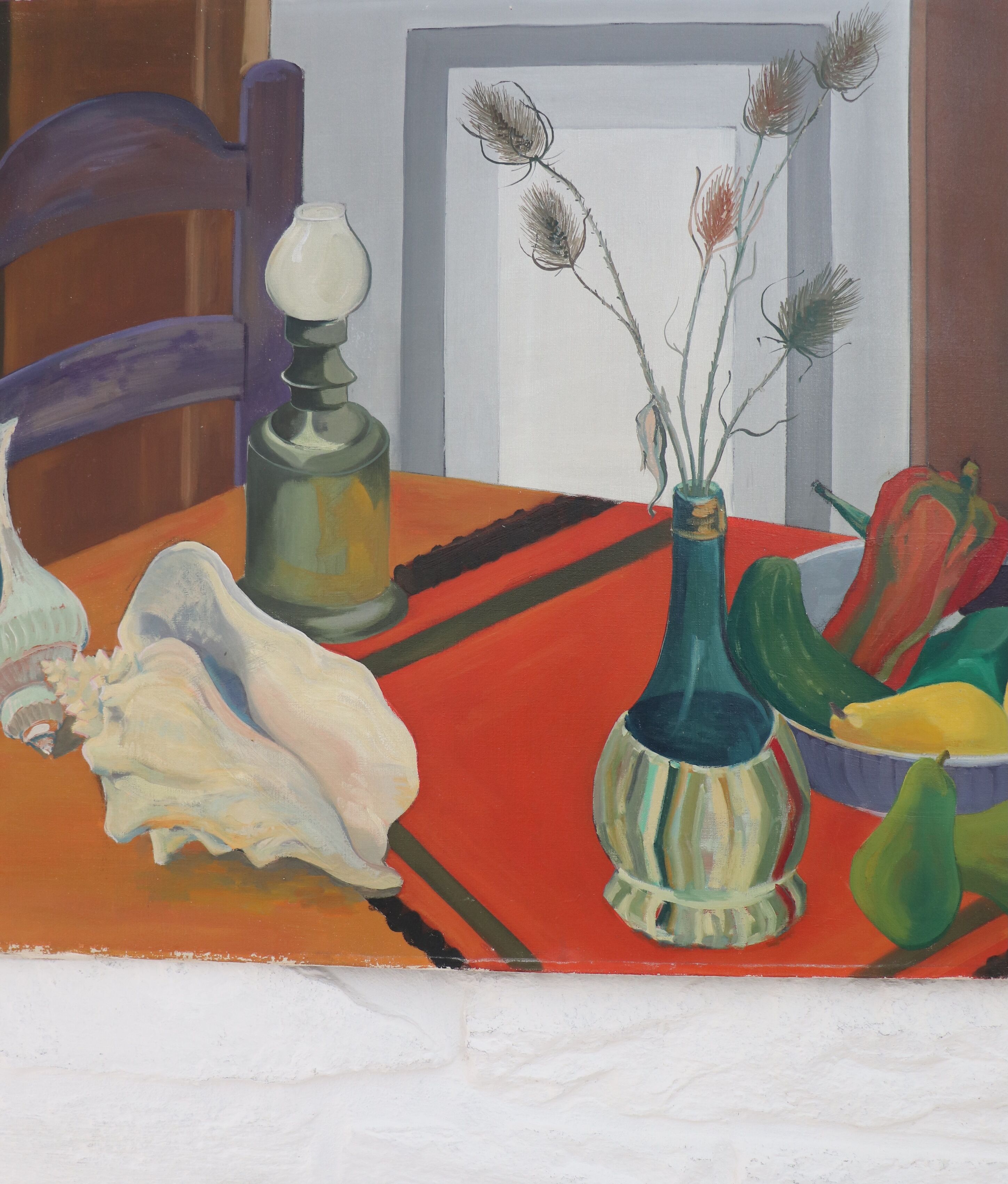Still life with shells on striped tablecloth, Guy Leclercq, 20th century