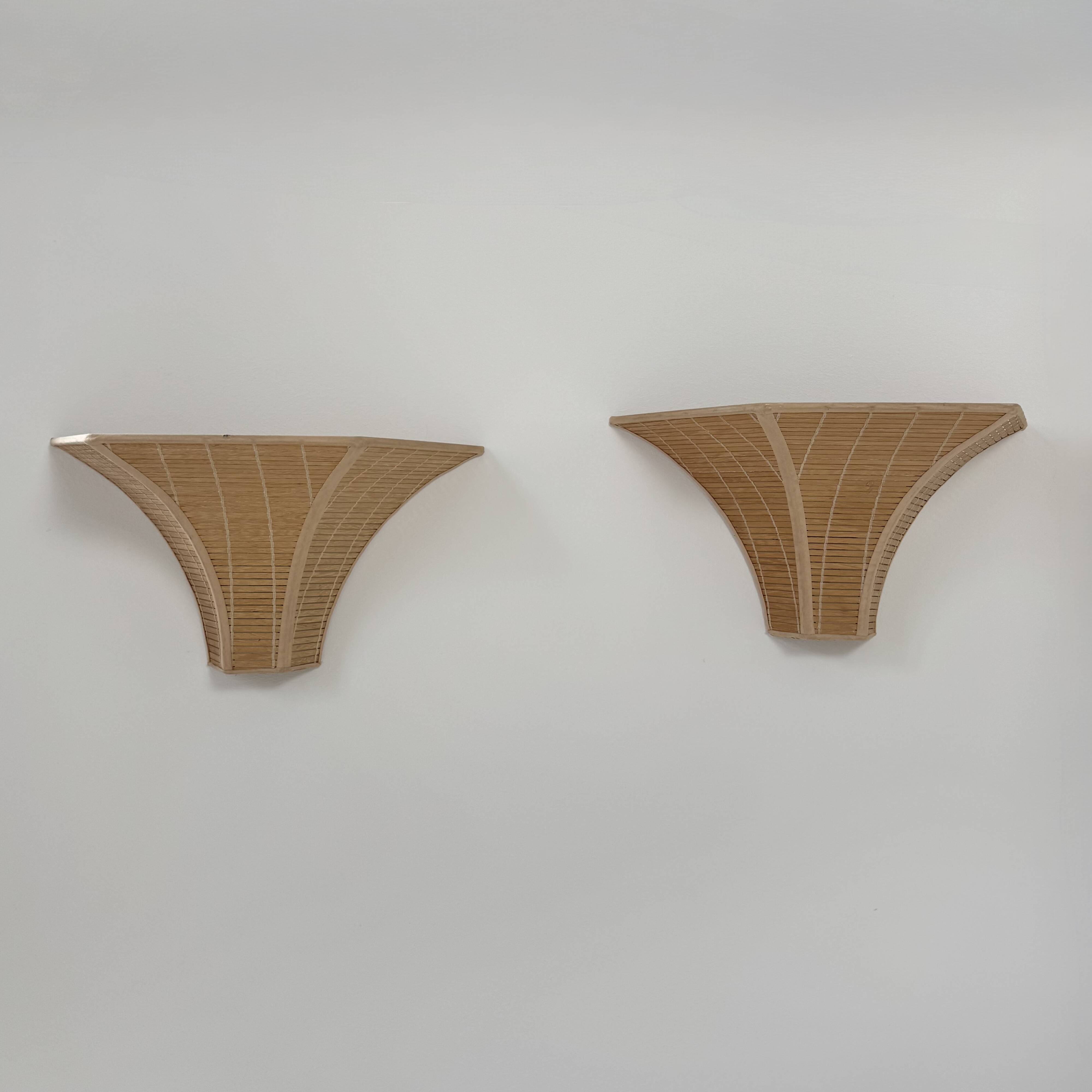 Pair of vintage wall lights, wooden slats, France, 1980.