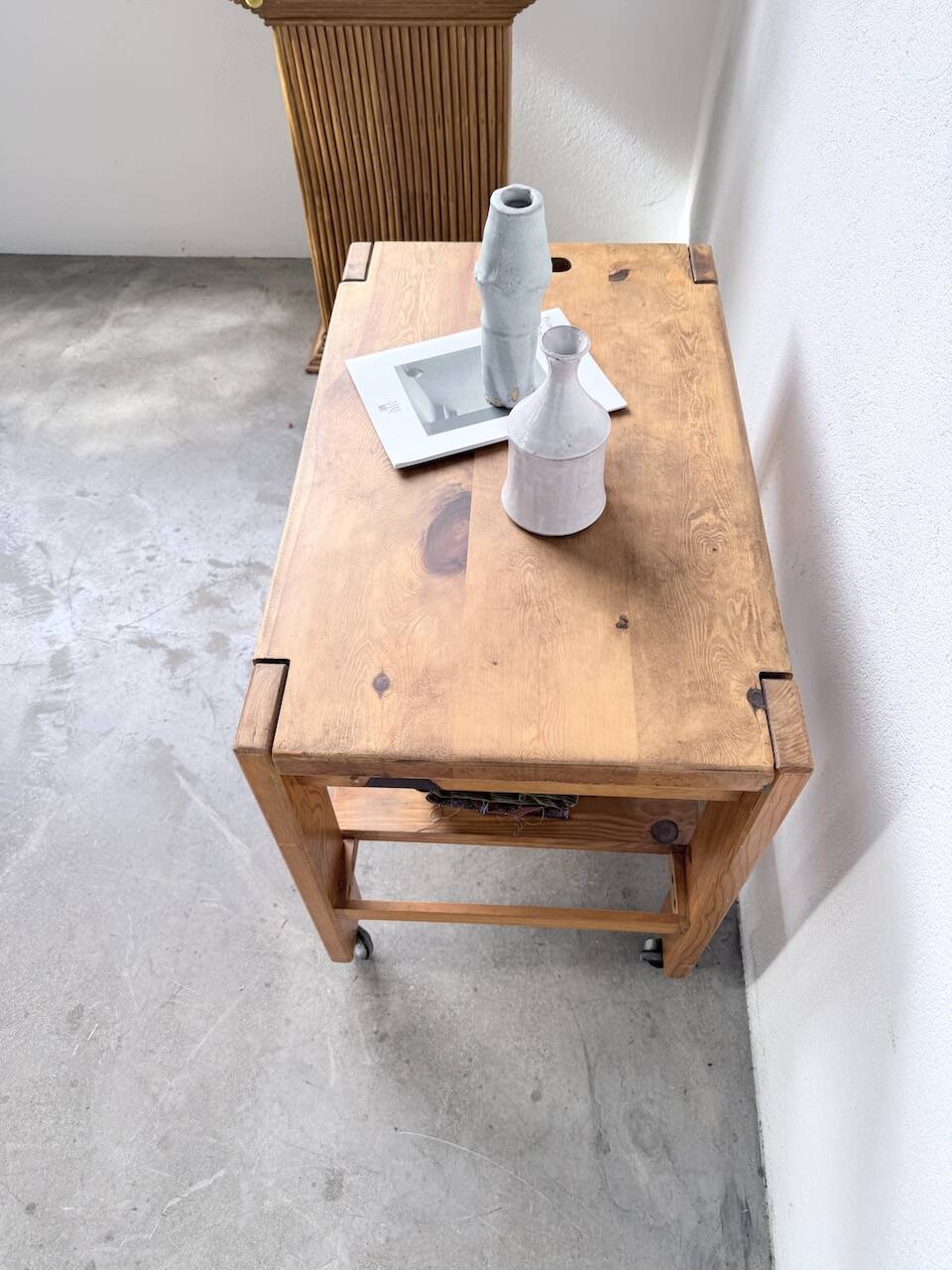 1980 pine wheeled console table