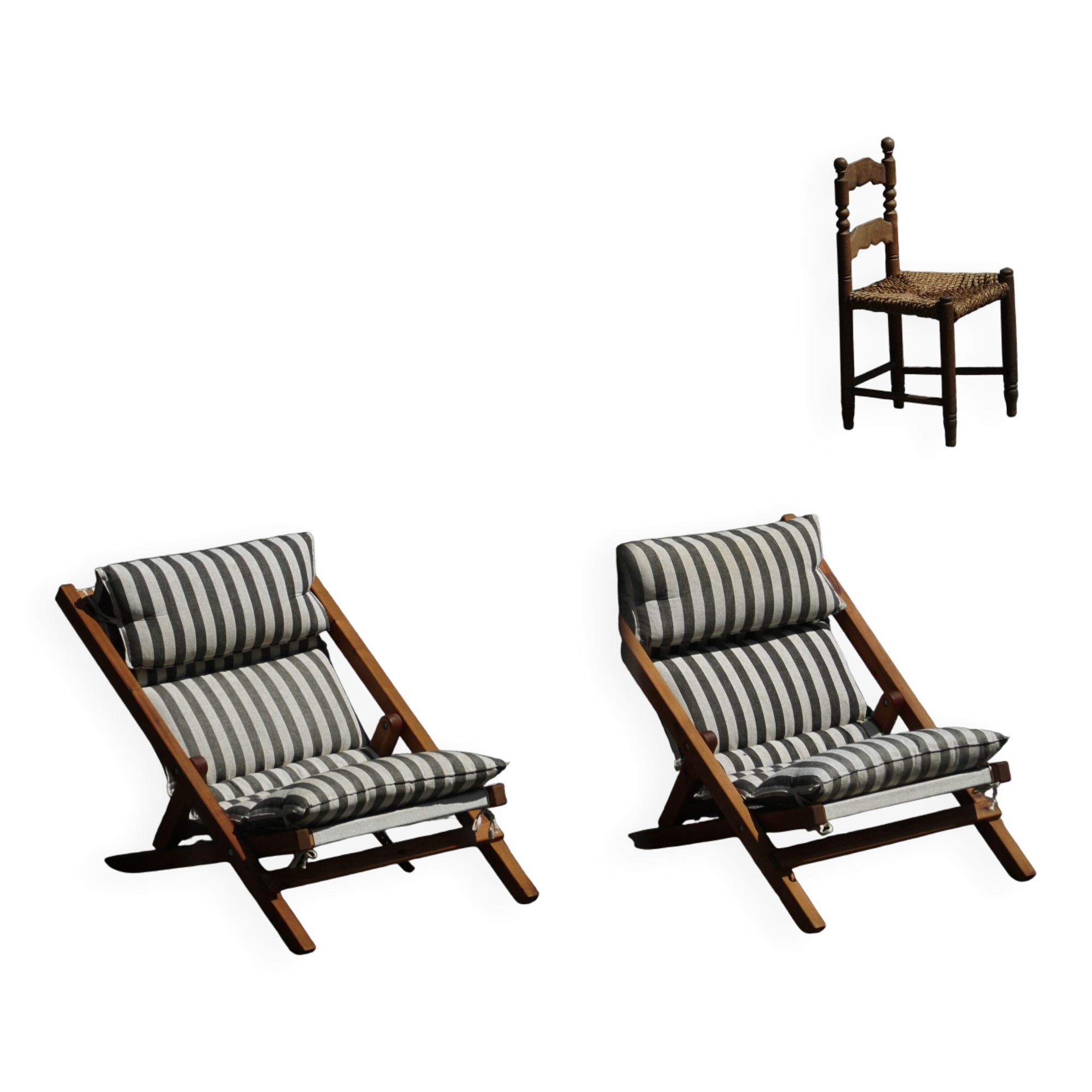 Mid-century dining/lounge chairs in pine and striped cotton canvas, Denmark, 1970s.