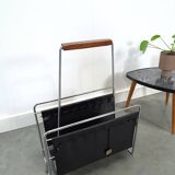 Design Voss jaren 70 leren tijdschriftenrek met chroom