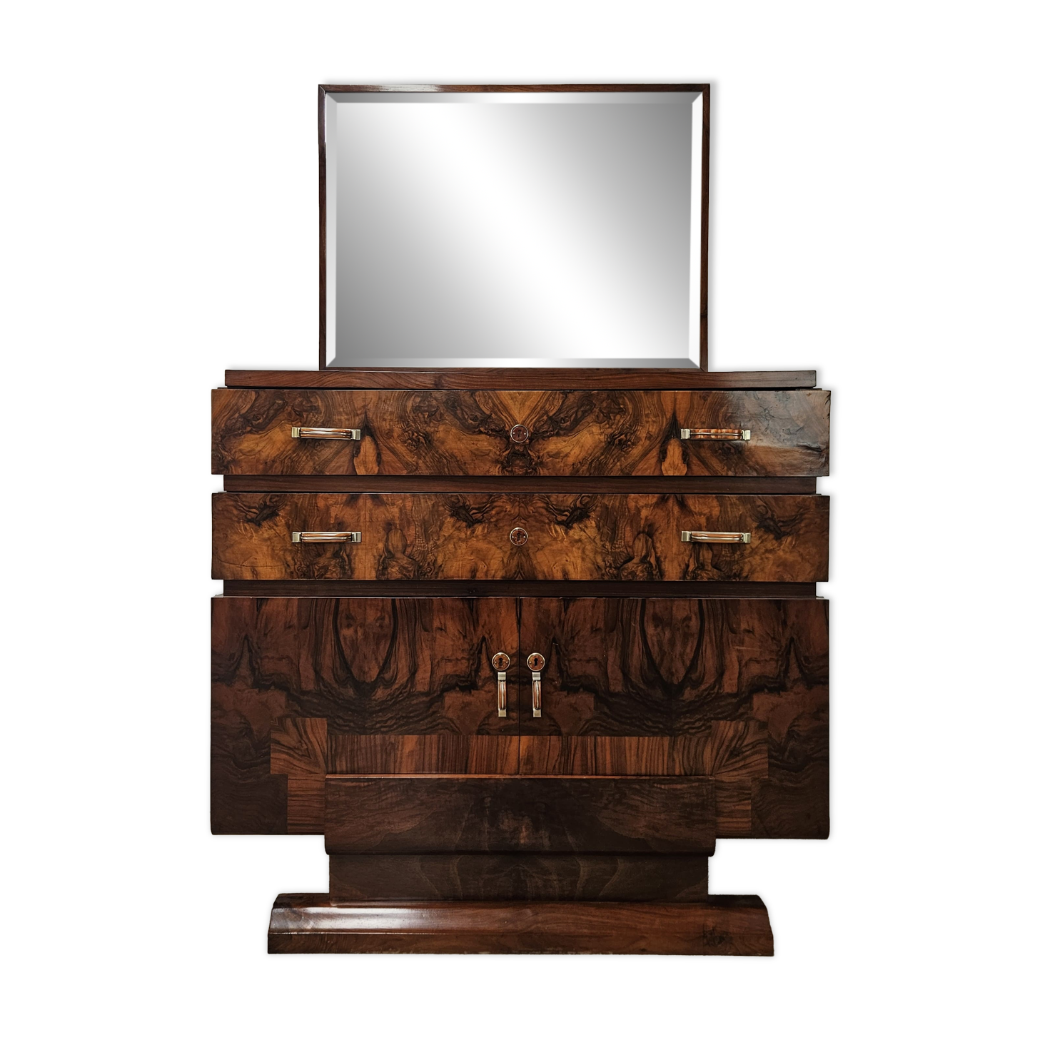 1940s Art Decò sideboard in walnut burl with mirror