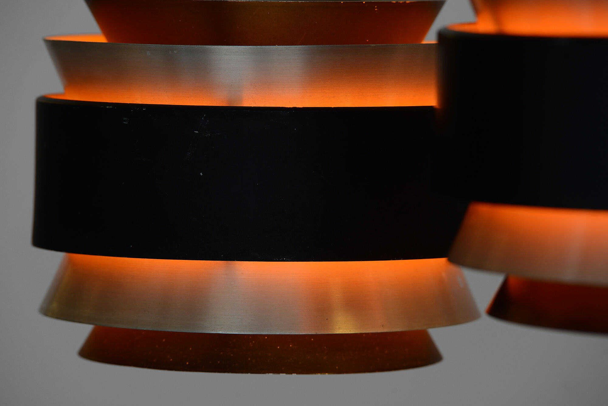 Pair of layered pendant lights in brushed aluminum. Denmark 1960s
