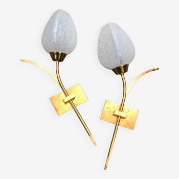 Glass and gold metal tulip wall lights