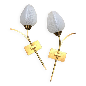 Appliques tulipes verre et métal doré