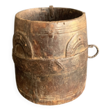 Large measuring pot in wood and old iron, 19th century folk art