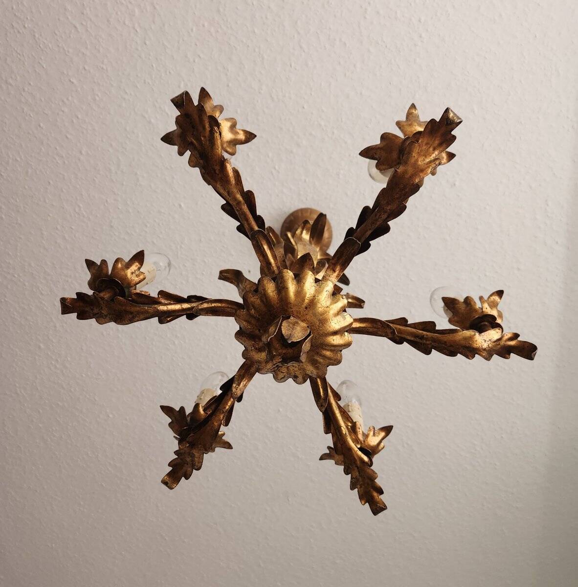 Vintage Hollywood Regency 6 light Chandelier gilded Italy Florence 1950-60