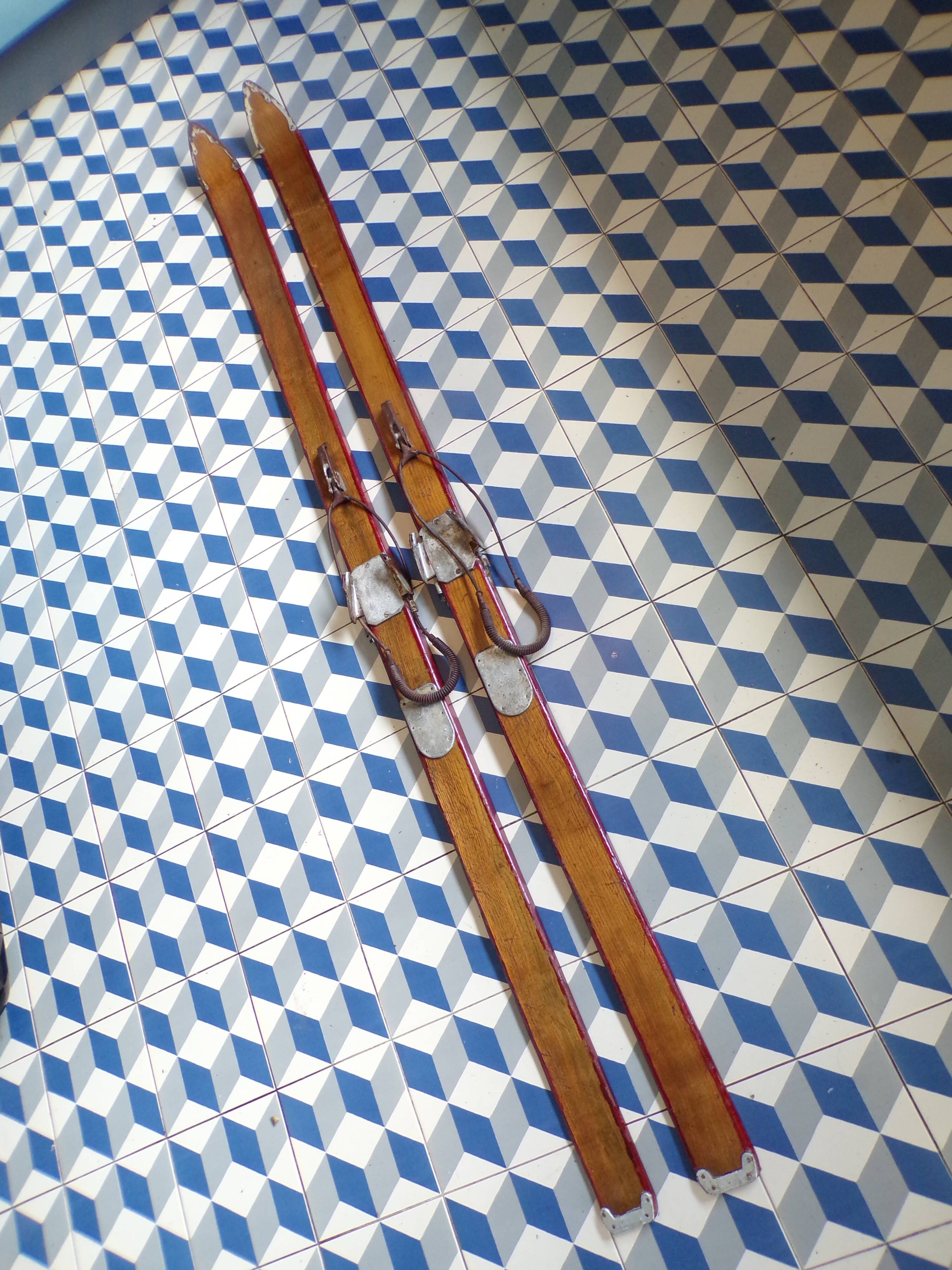 Pair of antique wooden skis
