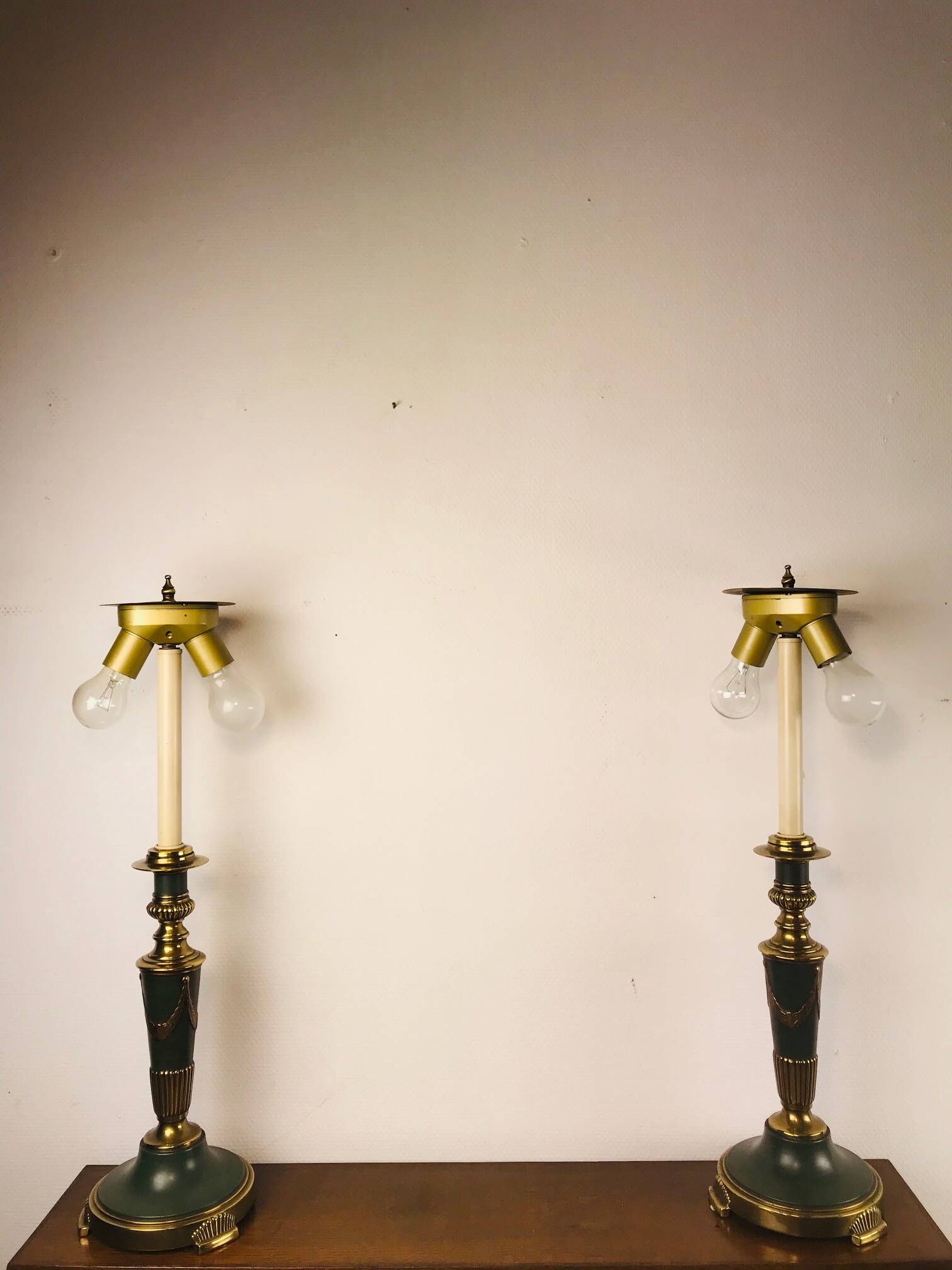 Vintage dutch brass and green table lamps from kullmann, 1970s, set of 2 table lamps. baroque
